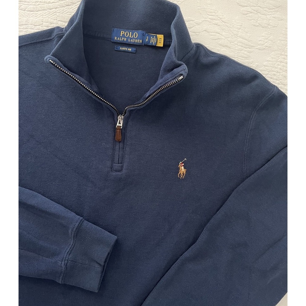 Polo Ralph Lauren Mens S Estate Rib 1/4 Zip Pullover Navy Flesh Pony Mock Neck